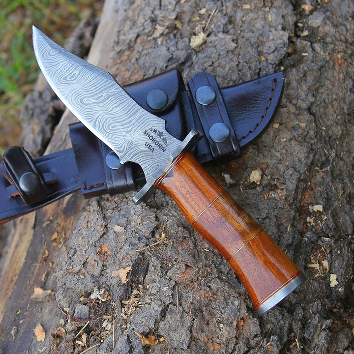 Hornet Knives - Hornet Custom Damascus Hunting Knife with Exotic Rose Wood Handle &amp; Sheath - Shokunin USA