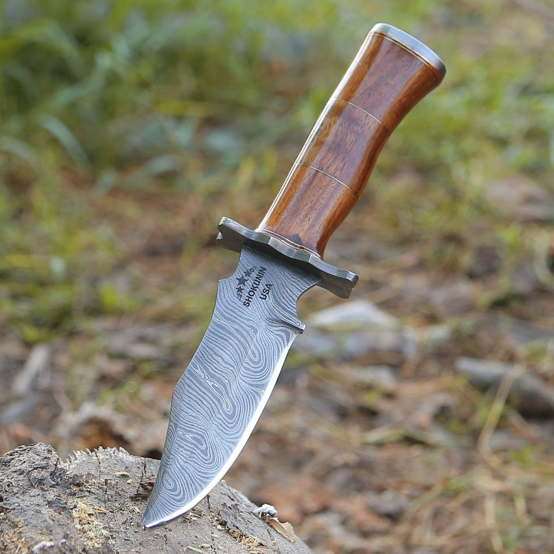 Hornet Hunting Knives - Hornet Custom Damascus Hunting Knife with Exotic Rose Wood Handle &amp; Sheath - Shokunin USA