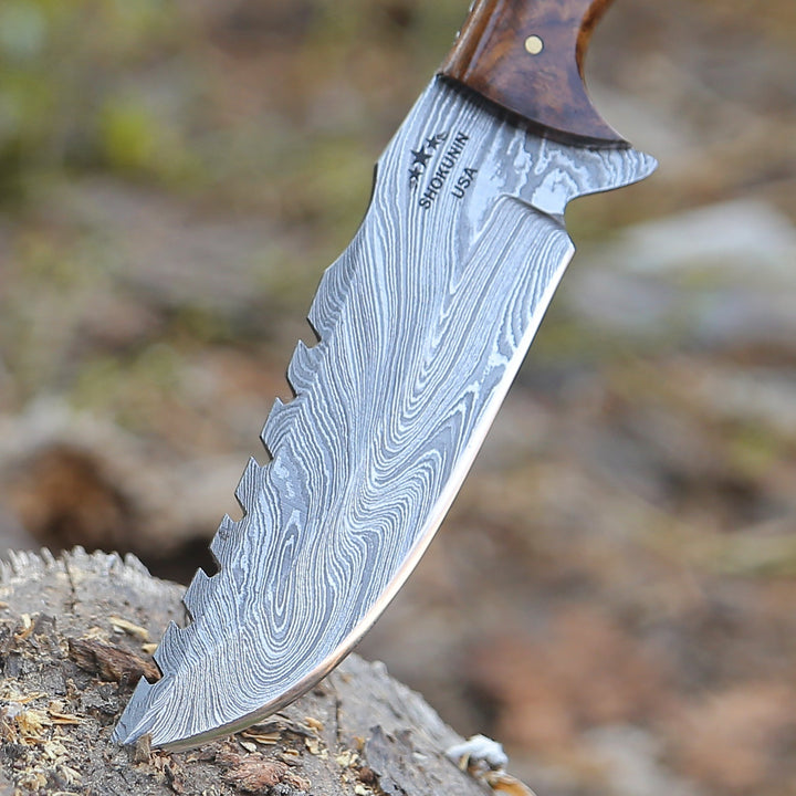 Damascus Knife - Ravager Handmade Damascus Knife with Mother of Pearl Resin &amp; Rosewood Handle - Shokunin USA