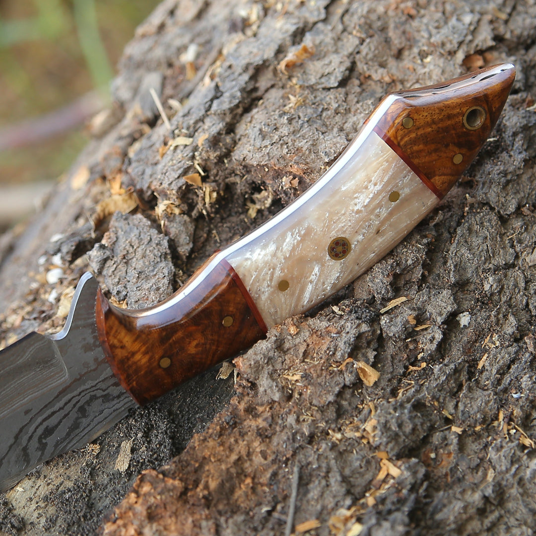 Knife - Ravager Handmade Damascus Knife with Mother of Pearl Resin &amp; Rosewood Handle - Shokunin USA