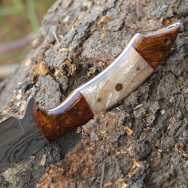 Knife - Ravager Handmade Damascus Knife with Mother of Pearl Resin &amp; Rosewood Handle - Shokunin USA