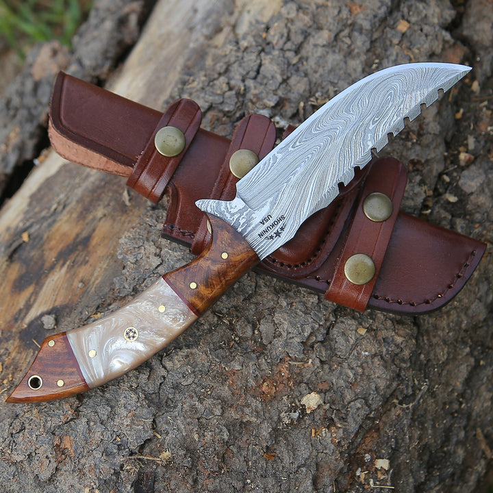 Knife - Ravager Handmade Damascus Knife with Mother of Pearl Resin &amp; Rosewood Handle - Shokunin USA