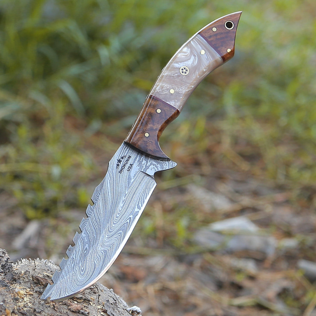 Damascus Knife - Ravager Handmade Damascus Knife with Mother of Pearl Resin &amp; Rosewood Handle - Shokunin USA