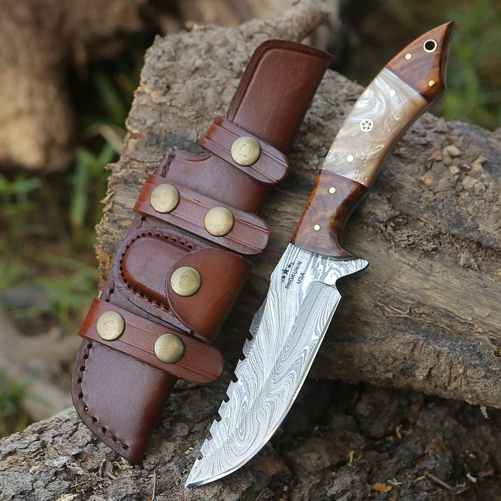 Damascus Knife - Ravager Handmade Damascus Knife with Mother of Pearl Resin &amp; Rosewood Handle - Shokunin USA