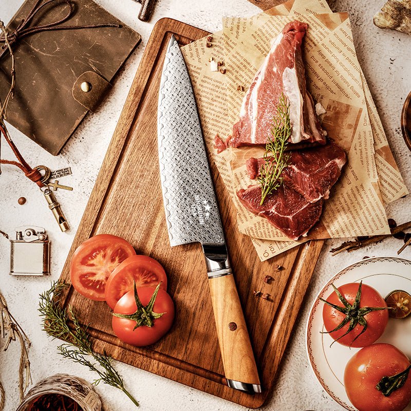 HyperEdge Chef Knives – HyperEdge Damascus Chef Knife with Pine Cone Handle &amp; Sheath – shokuninusa