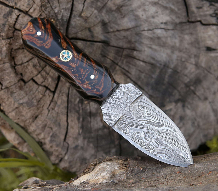 Toys &amp; Games - Ambush Damascus Fixed Blade Pocket Knife 6" with Pine Cone Handle &amp; Leather Sheath - Shokunin USA