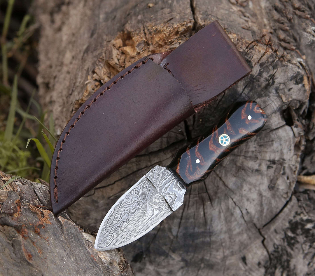 Toys &amp; Games - Ambush Damascus Fixed Blade Pocket Knife 6" with Pine Cone Handle &amp; Leather Sheath - Shokunin USA