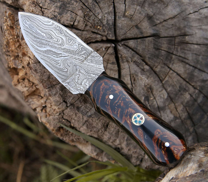Toys &amp; Games - Ambush Damascus Fixed Blade Pocket Knife 6" with Pine Cone Handle &amp; Leather Sheath - Shokunin USA