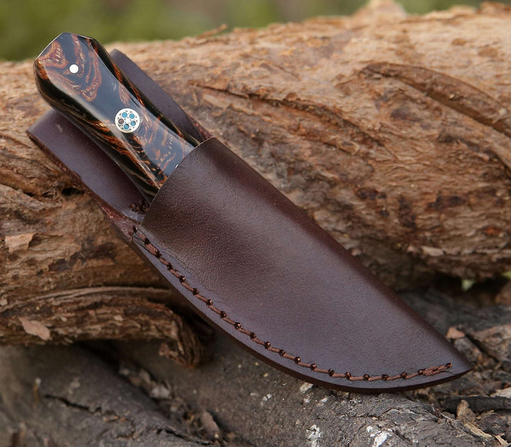 Toys &amp; Games - Ambush Damascus Fixed Blade Pocket Knife 6" with Pine Cone Handle &amp; Leather Sheath - Shokunin USA