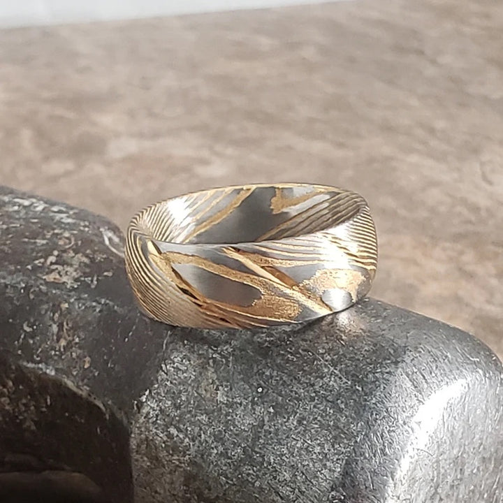 Damascus ring - Gold Damascus Steel Wedding Ring Band - Shokunin USA