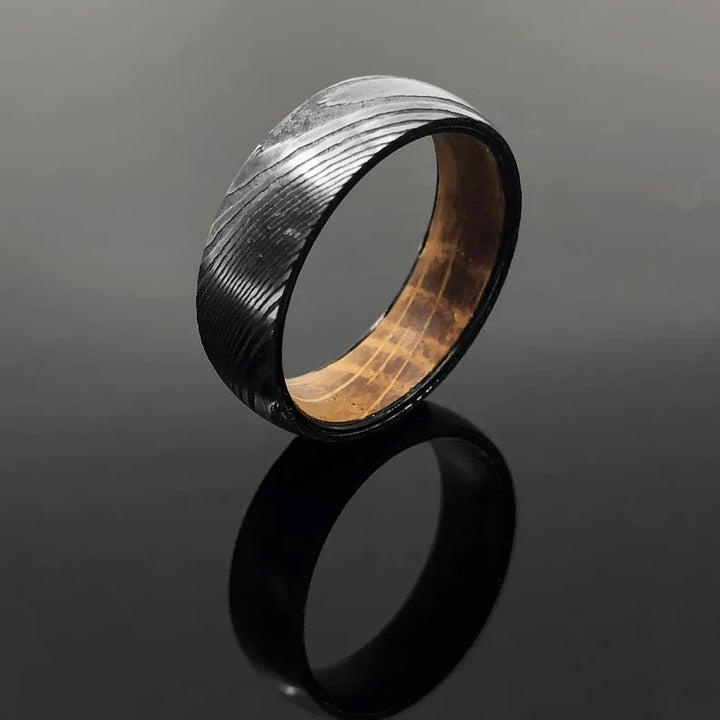 Damascus ring - Steelheart Damascus Steel Wedding Ring Band with Whiskey Barrel Inlay - Shokunin USA