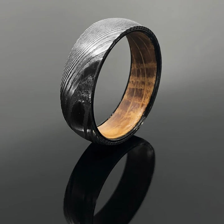 Damascus ring - Steelheart Damascus Steel Wedding Ring Band with Whiskey Barrel Inlay - Shokunin USA