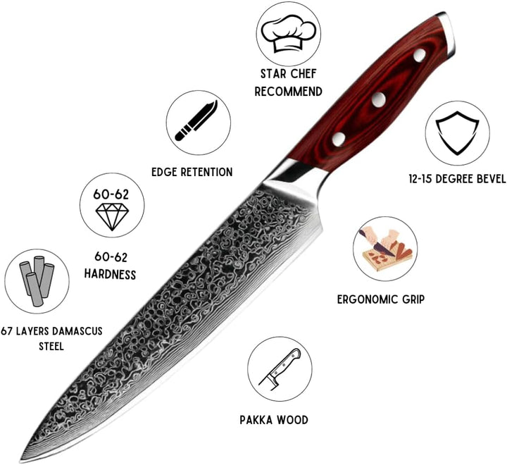 Japanese Damascus Knife - Edge VG10 Damascus Chef Knife with Pakkawood handle - Shokunin USA