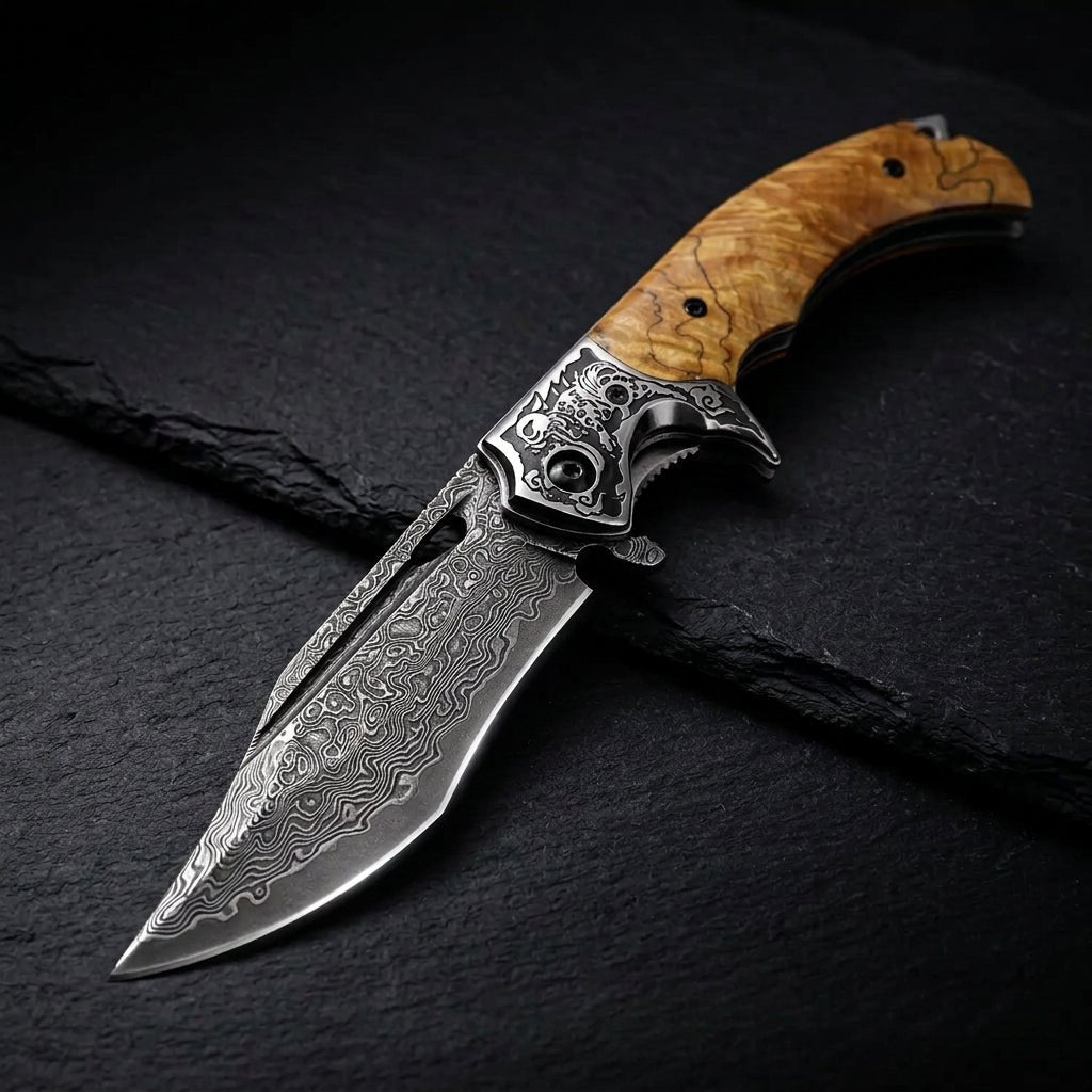 Inferno Japanese VG10 Damascus Pocket Knife with Exotic Birch Burl Handle - Shokunin USA
