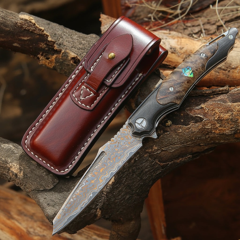 Damascus Pocket Knife - Ironhide Damascus Pocket Knife with stained maple burl handle - Shokunin USA