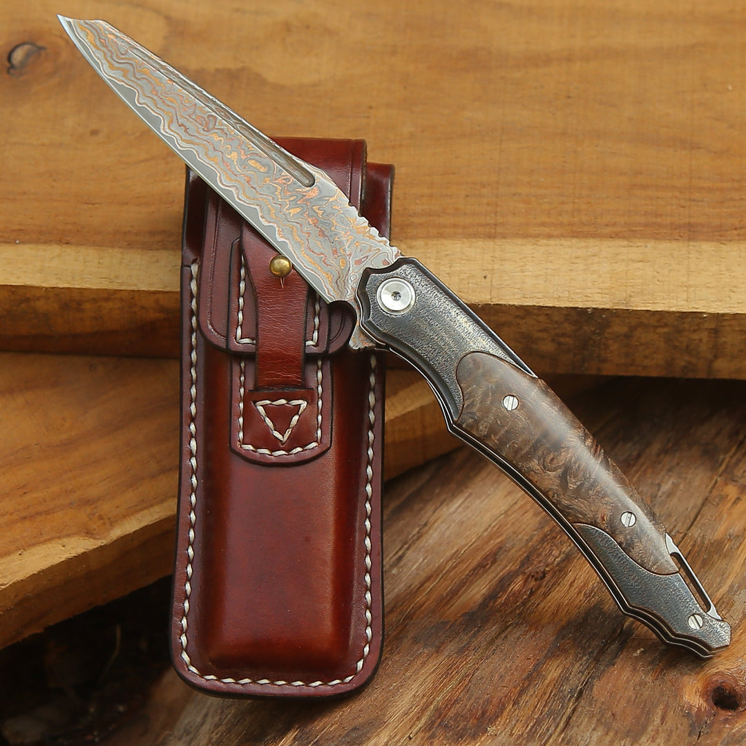 Damascus Pocket Knife - Ironhide Damascus Pocket Knife with stained maple burl handle - Shokunin USA