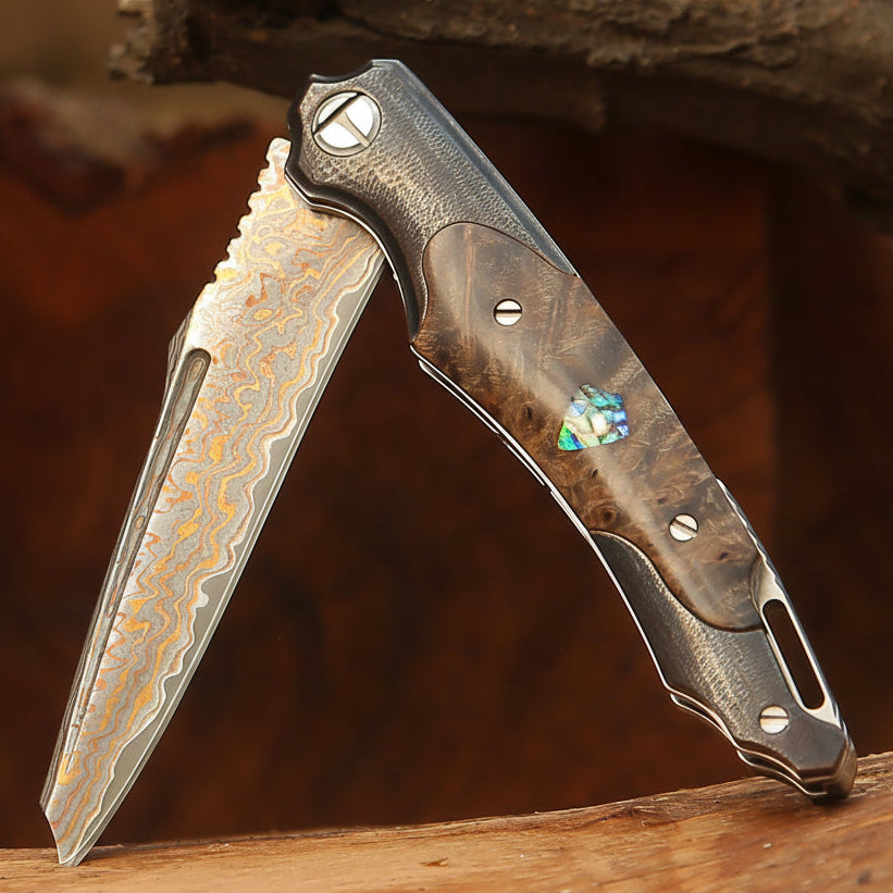 Damascus Pocket Knife - Ironhide Damascus Pocket Knife with stained maple burl handle - Shokunin USA