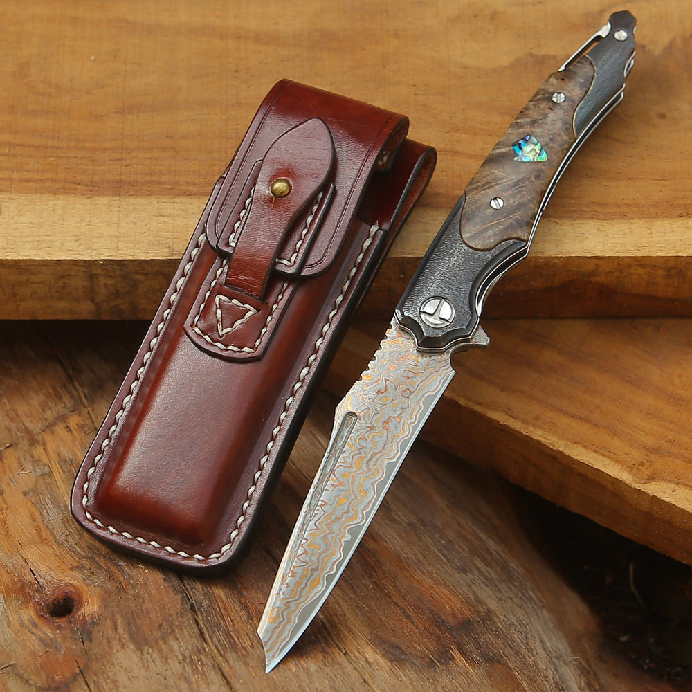 Damascus Pocket Knife - Ironhide Damascus Pocket Knife with stained maple burl handle - Shokunin USA