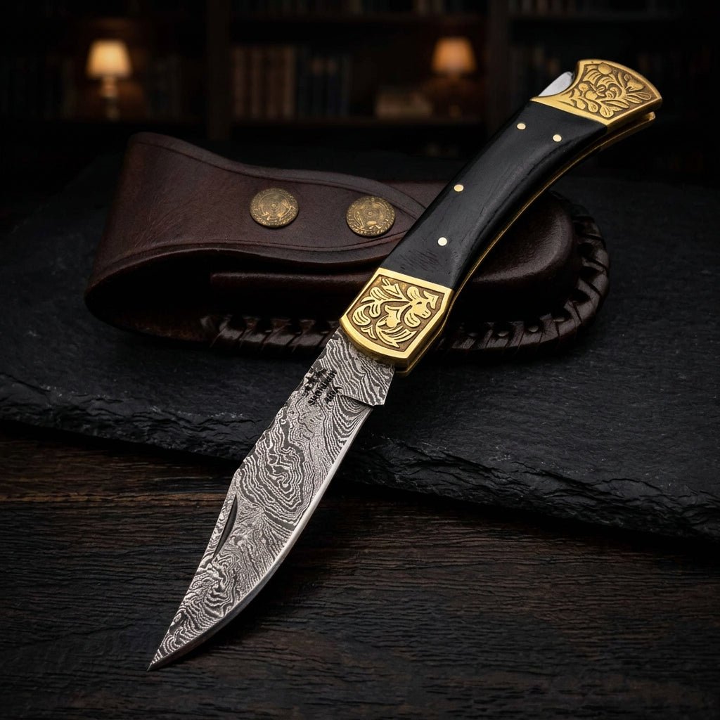 Ironstorm Handmade Damascus Pocket Knife Engraved with Leather Sheath & Bull Horn Handle - Shokunin USA