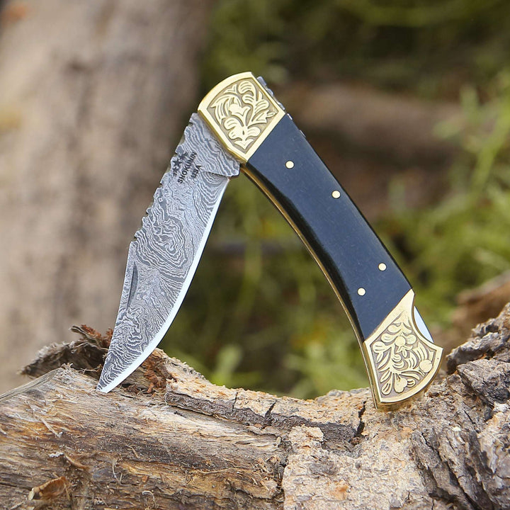 Ironstorm Handmade Damascus Pocket Knife Engraved with Leather Sheath &amp; Horn Handle