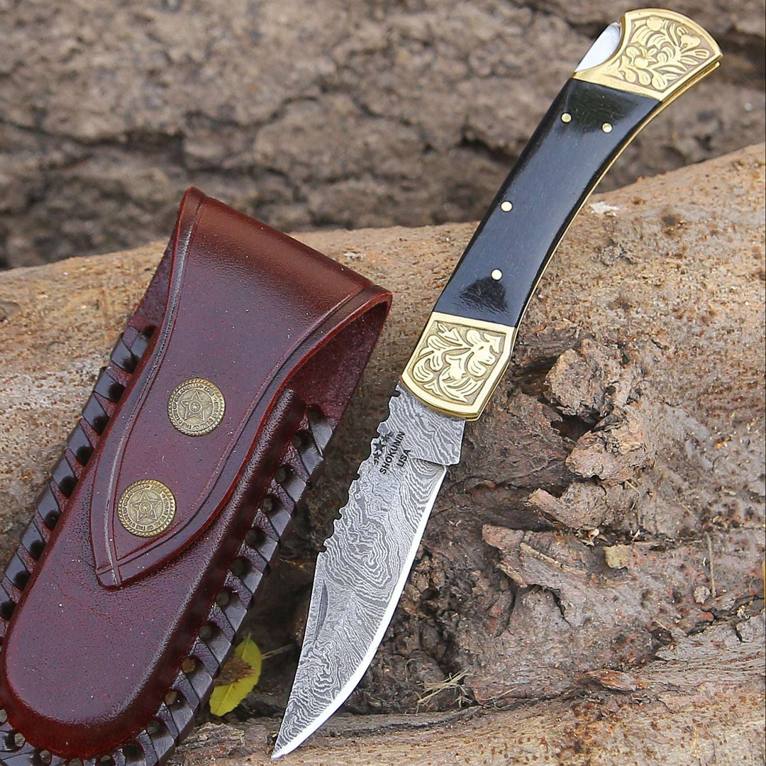 Ironstorm Handmade Damascus Pocket Knife Engraved with Leather Sheath &amp; Horn Handle