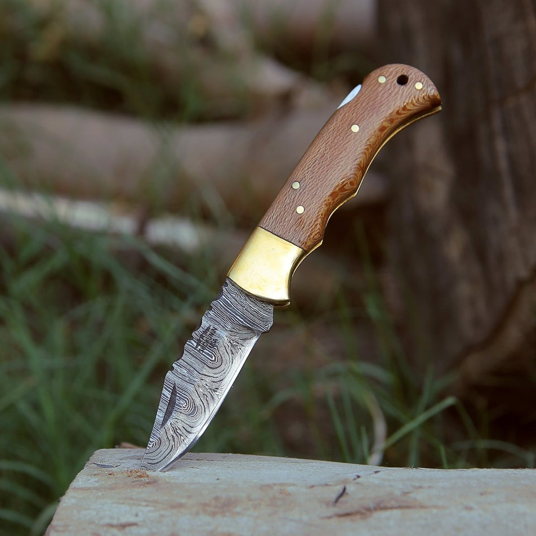 Kepler Damascus Pocket Knife with Exotic Leopard Wood Handle - Shokunin USA