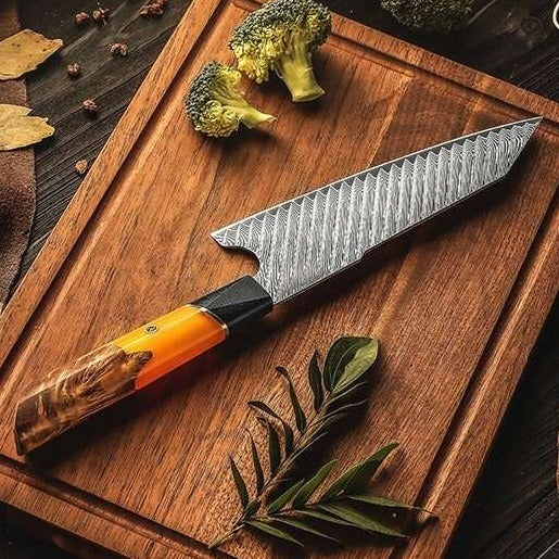 Japanese Handmade Knives – Kotetsu VG10 Damascus Chef Knife with Exotic Olive Wood Burl Handle – shokuninusa