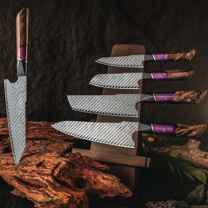 Knife Set VG10 - Elite Series VG10 Damascus Knife Set with Exotic Burl Wood Handle - Shokunin USA