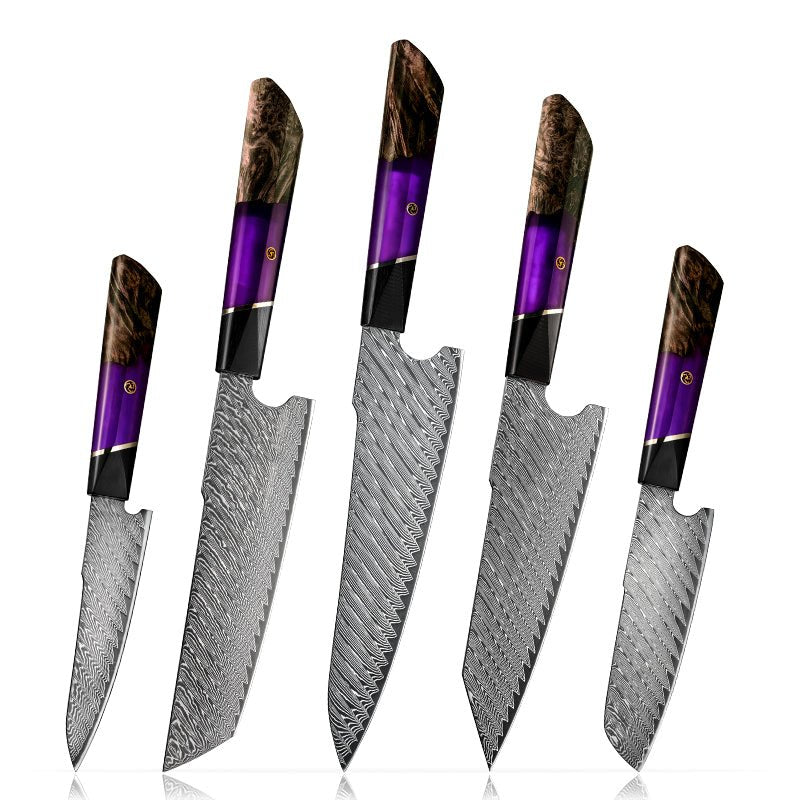 Kitchen Knife Sets - Elite Series VG10 Damascus Knife Set with Exotic Burl Wood Handle - Shokunin USA