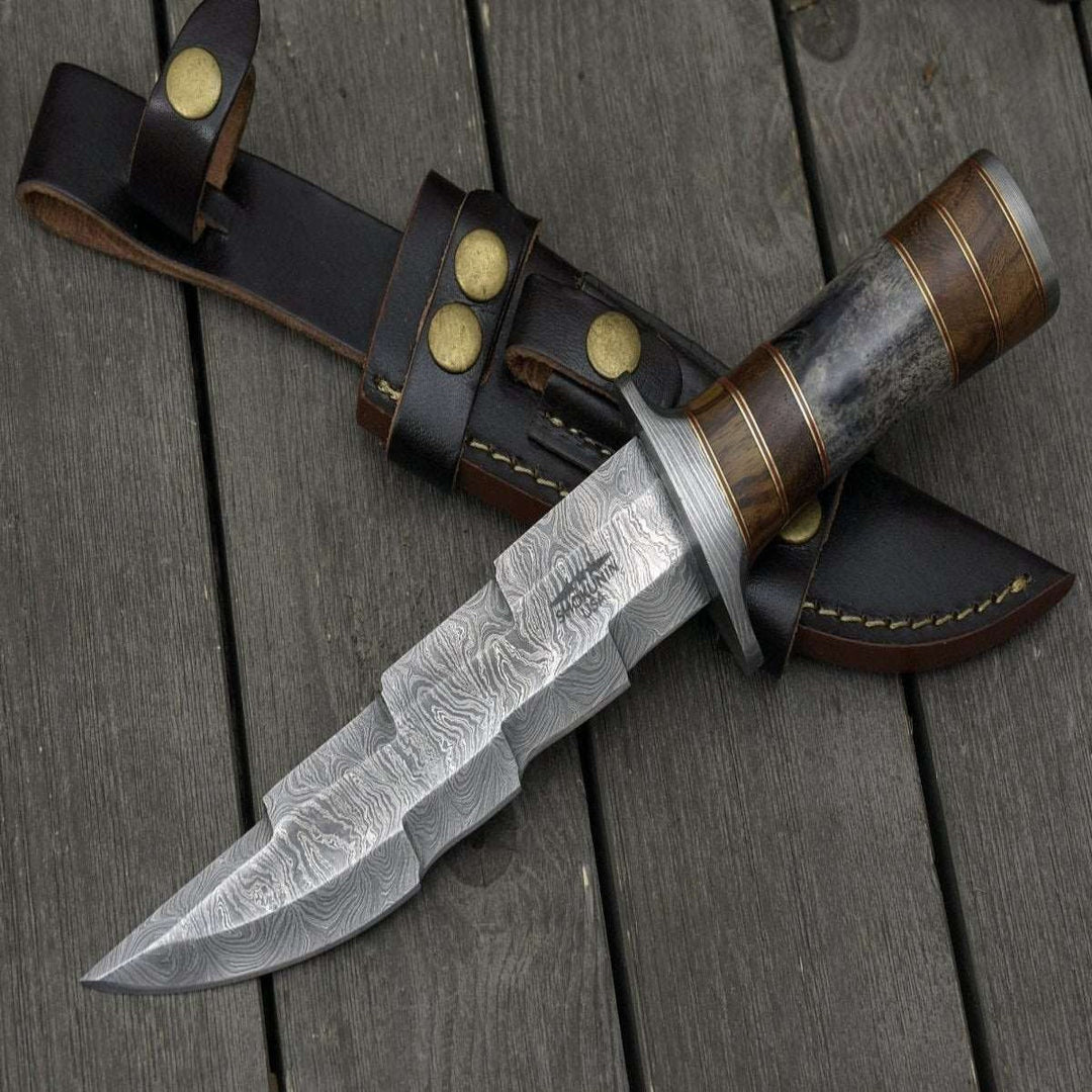 Kris Bowie Knife - Kris Damascus Hunting Bowie Knife with Exotic Rose wood & Bone handle - Shokunin USA