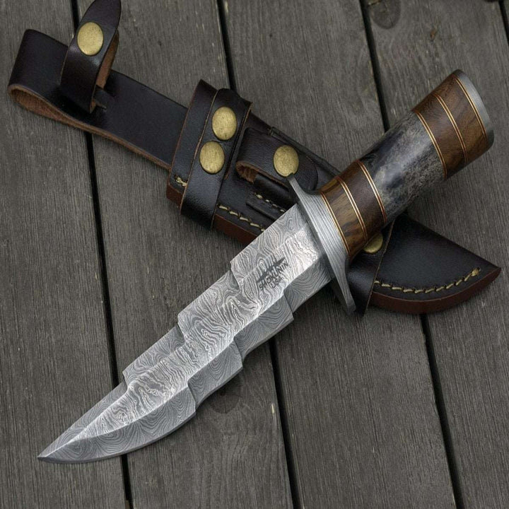 Kris Bowie Knife – Kris Damascus Hunting Bowie Knife with Exotic Rose wood &amp; Bone handle – shokuninusa
