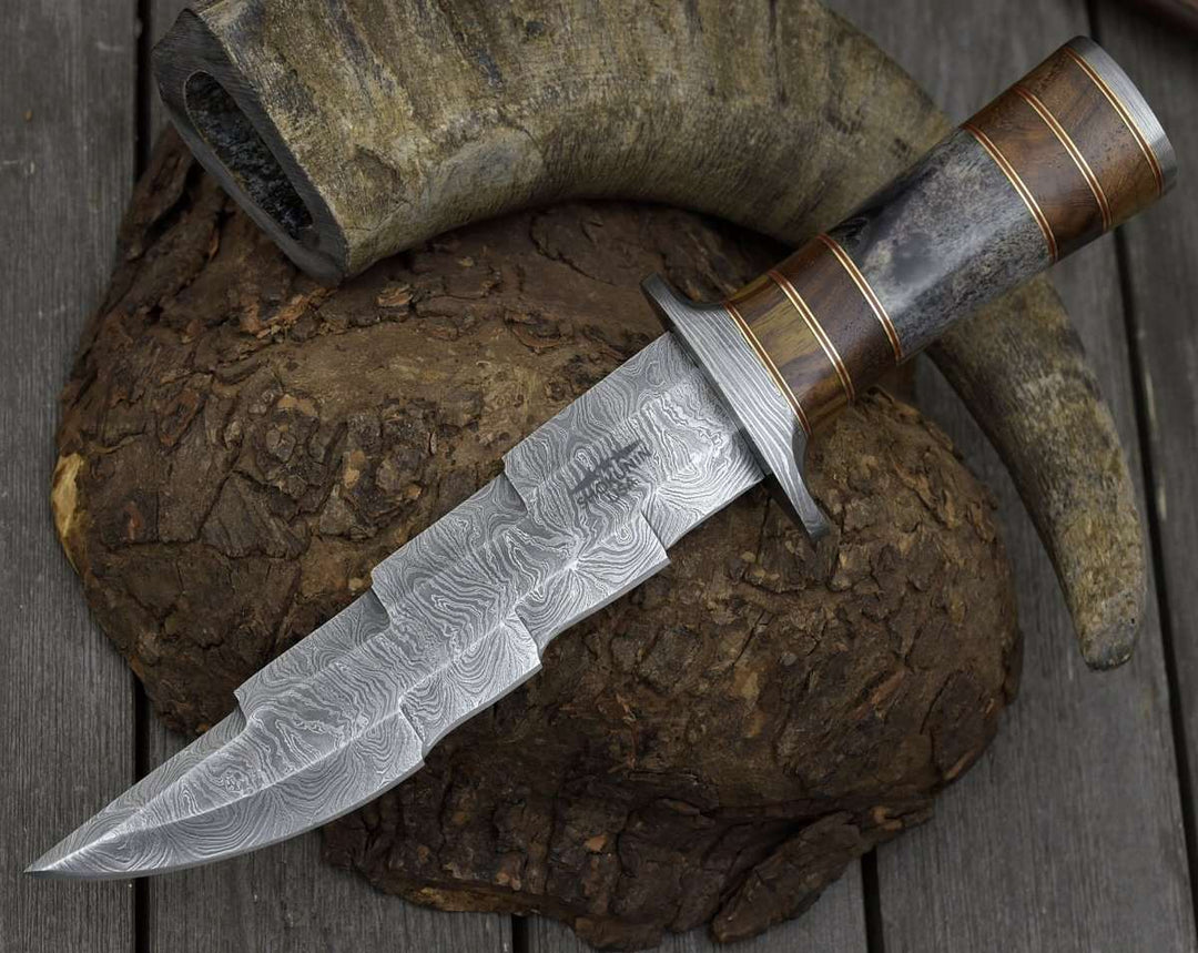 Kris Hunting Knives – Kris Damascus Hunting Bowie Knife with Exotic Rose wood &amp; Bone handle – shokuninusa