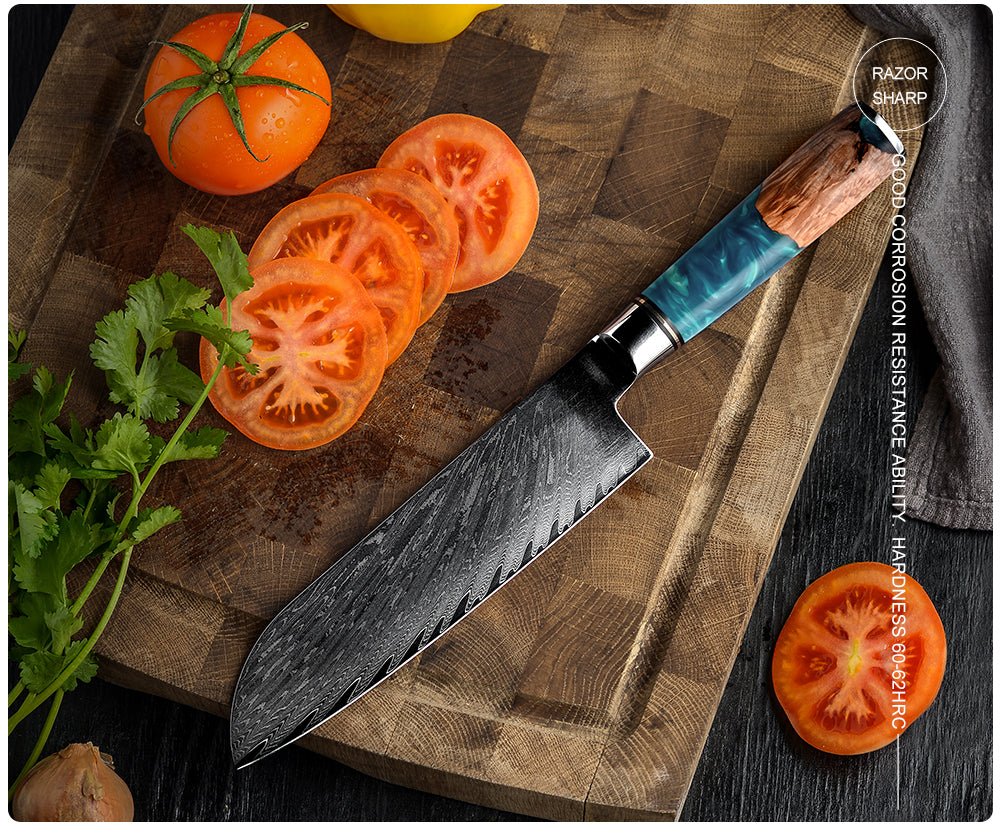 Kurenai Knife – Kurenai VG10 Chef Knife Damascus Santoku Knife with Exotic Olive Wood & River Handle – shokuninusa