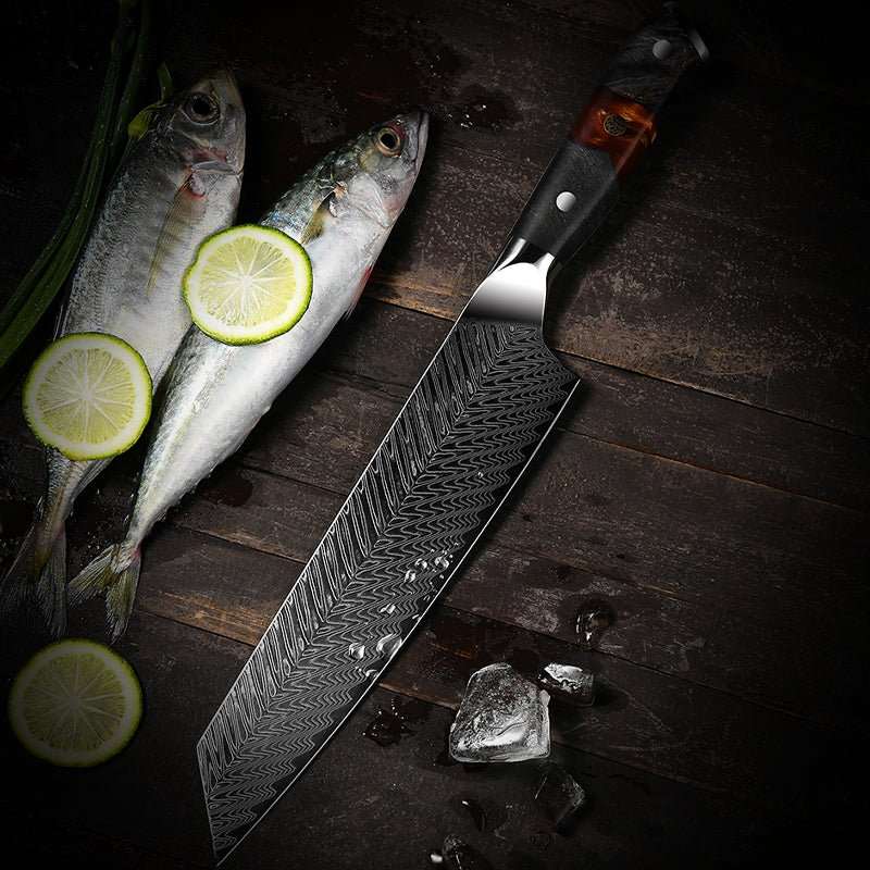 Engraved Chef Knife - Supreme Japanese Knife Set - 5-Piece, VG10 Damascus with Ebony Burl Wood - Shokunin USA