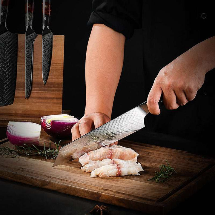 Engraved Kitchen Knife - Supreme Japanese Knife Set - 5-Piece, VG10 Damascus with Ebony Burl Wood - Shokunin USA