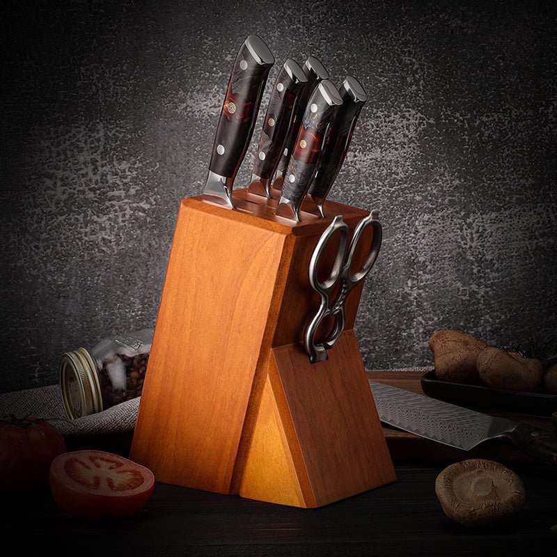 Engraved Kitchen Knives - Supreme Japanese Knife Set - 5-Piece, VG10 Damascus with Ebony Burl Wood Handle - Shokunin USA