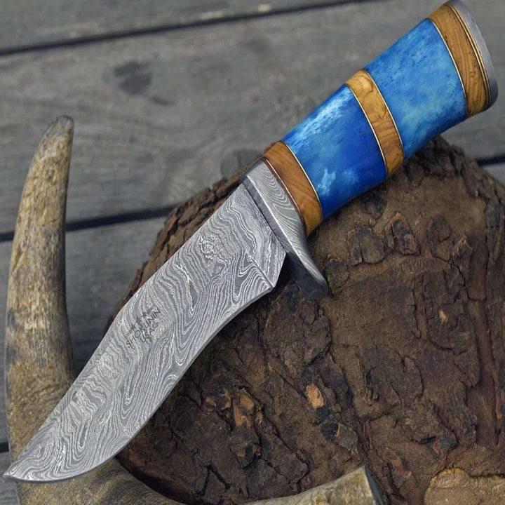 Damascus Knife - Lightbane Damascus Big Game Hunting Knife with Bone, Olive Wood Handle &amp; Sheath - Shokunin USA