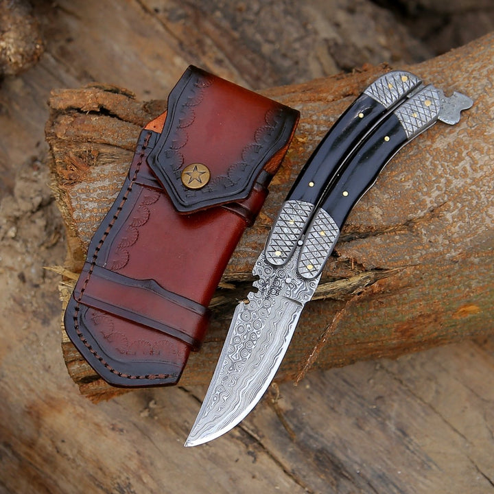 Damascus Butterfly Knife – Lunar Damascus Butterfly Knife with Bull Horn Handle – shokuninusa