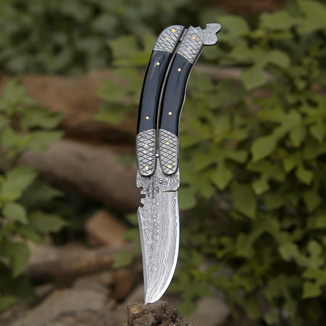 Damascus Butterfly – Lunar Damascus Butterfly Knife with Bull Horn Handle – shokuninusa