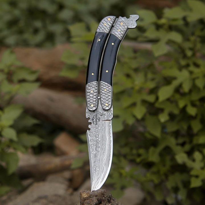 Damascus Butterfly – Lunar Damascus Butterfly Knife with Bull Horn Handle – shokuninusa