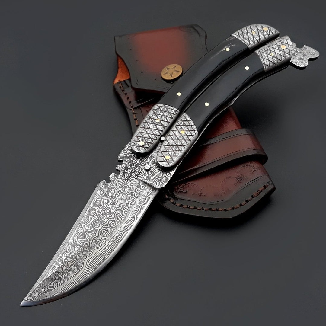 Butterfly Damascus – Lunar Damascus Butterfly Knife with Bull Horn Handle – shokuninusa