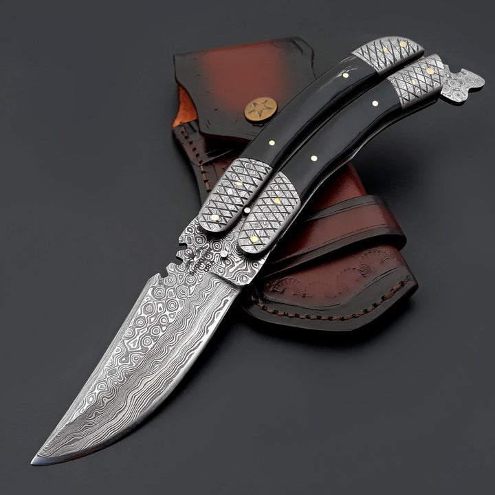 Butterfly Damascus – Lunar Damascus Butterfly Knife with Bull Horn Handle – shokuninusa