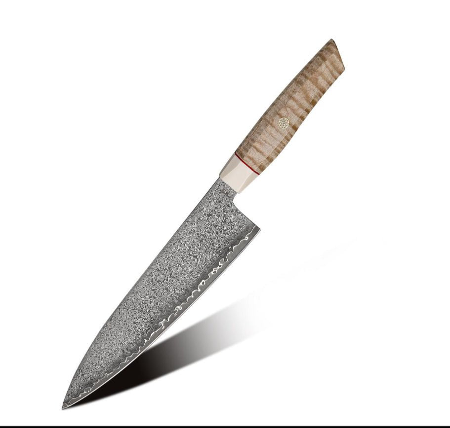 Luxe Knife – Luxe Custom Japanese Damascus Chef Knife with Exotic Curly Maple Burl Wood Handle – shokuninusa