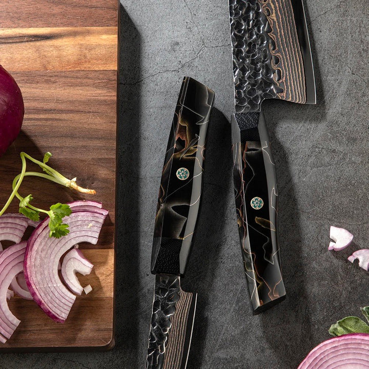 Majestic Japanese Chef Knife Set with Exotic Copper Damascus and Raffir Noble Handle - Shokunin USA