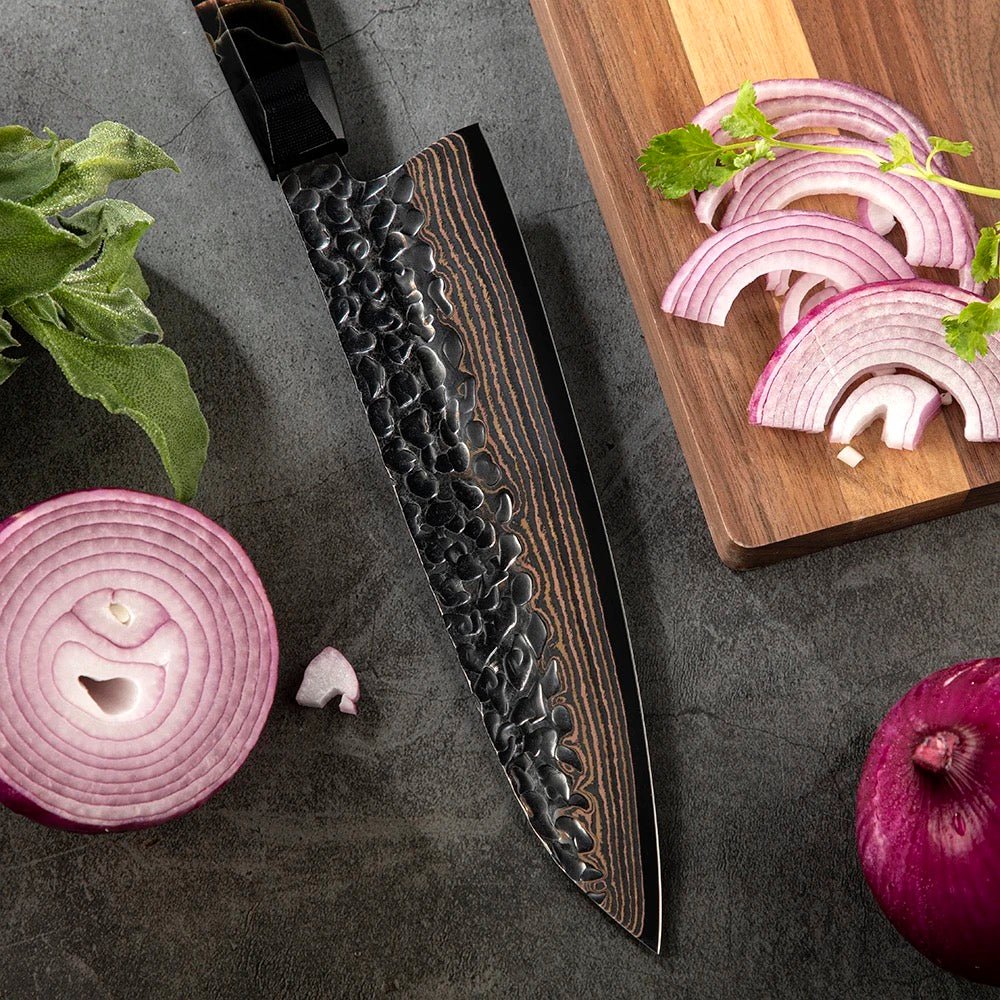 Majestic Japanese Chef Knife Set with Exotic Copper Damascus and Raffir Noble Handle - Shokunin USA