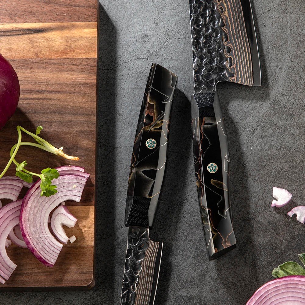 Japanese Bunka Knives – Majestic Japanese Chef Knife Set with Exotic Copper Damascus and Raffir Noble Handle – shokuninusa