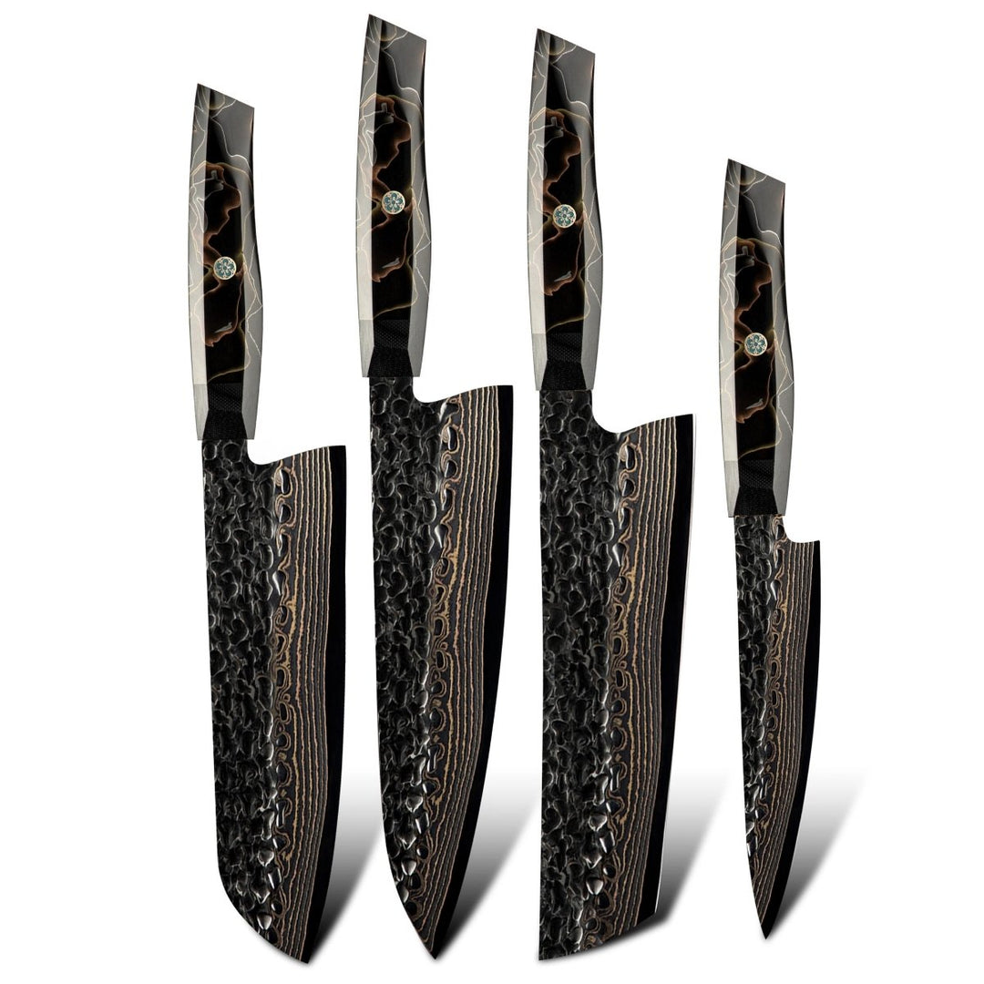 Majestic Japanese Chef Knife Set with Exotic Copper Damascus and Raffir Noble Handle - Shokunin USA