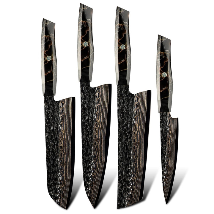 Majestic Japanese Chef Knife Set with Exotic Copper Damascus and Raffir Noble Handle - Shokunin USA