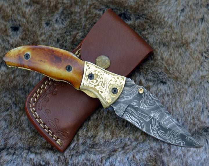 Damascus Folder – Marshal Damascus Folding Knife with Charred Bone Handle – shokuninusa