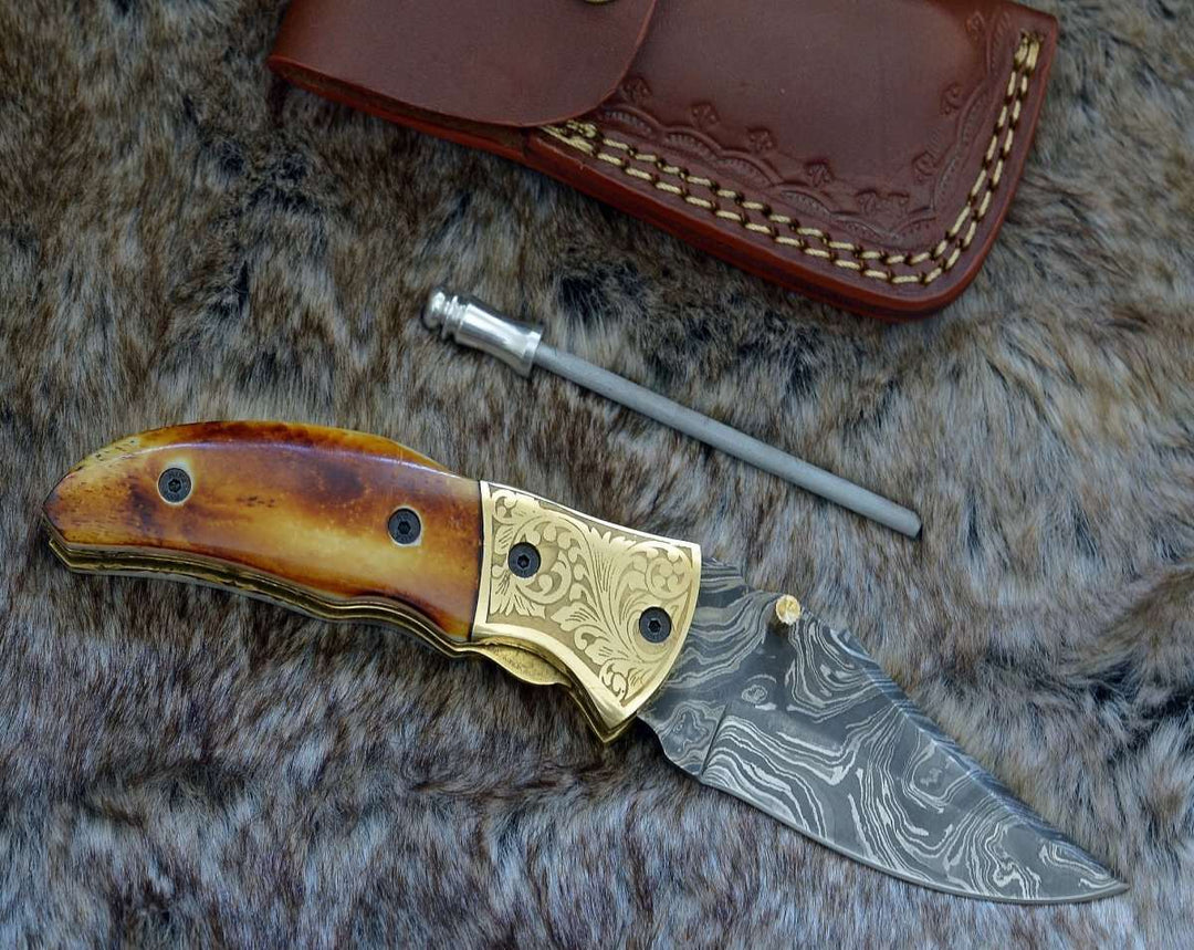 Folding Skinner Knives – Marshal Damascus Folding Knife with Charred Bone Handle – shokuninusa